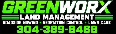 GreenWorx Land Management wordmark with roadside mowing, vegetation control, lawn care, and phone number 304-389-8468